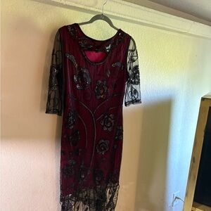 Red and Black Sheath Dress with 3/4 Sleeves and Scoop Neck